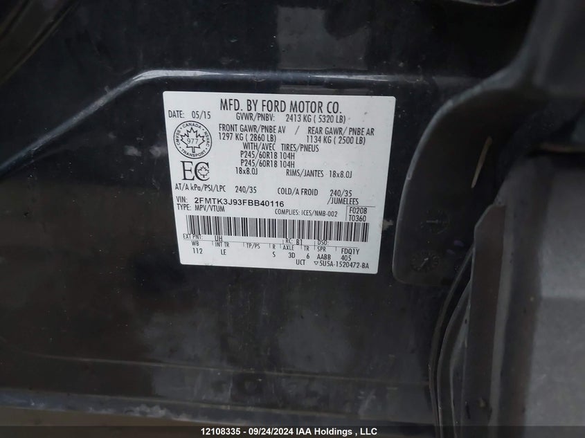 2015 Ford Edge Sel VIN: 2FMTK3J93FBB40116 Lot: 12108335