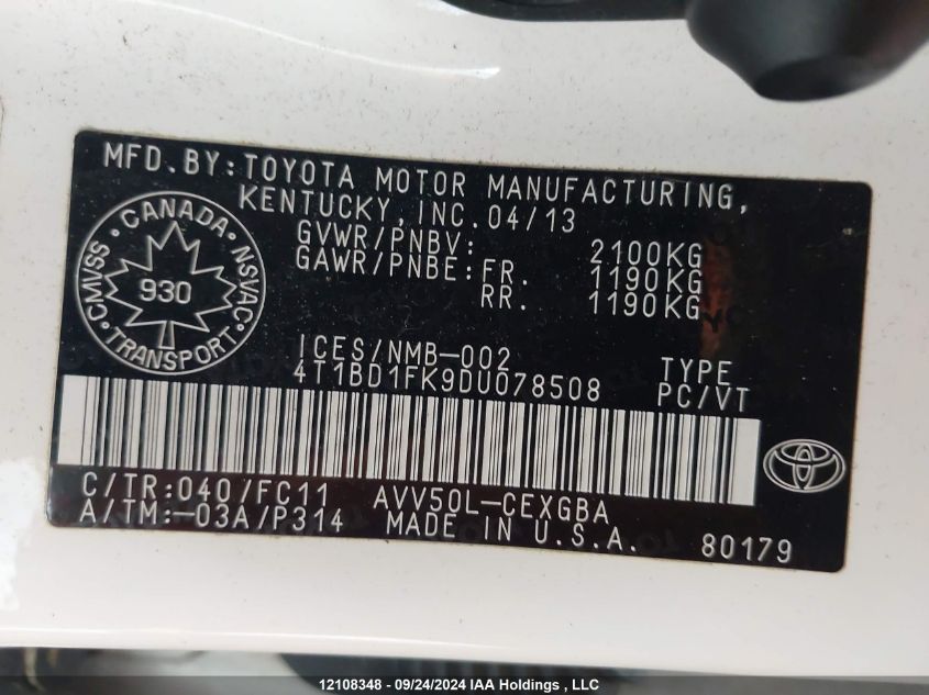 2013 Toyota Camry Hybrid/Le/Xle VIN: 4T1BD1FK9DU078508 Lot: 12108348