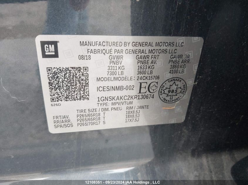 2019 Chevrolet Tahoe K1500 Ls VIN: 1GNSKAKC2KR130674 Lot: 12108351