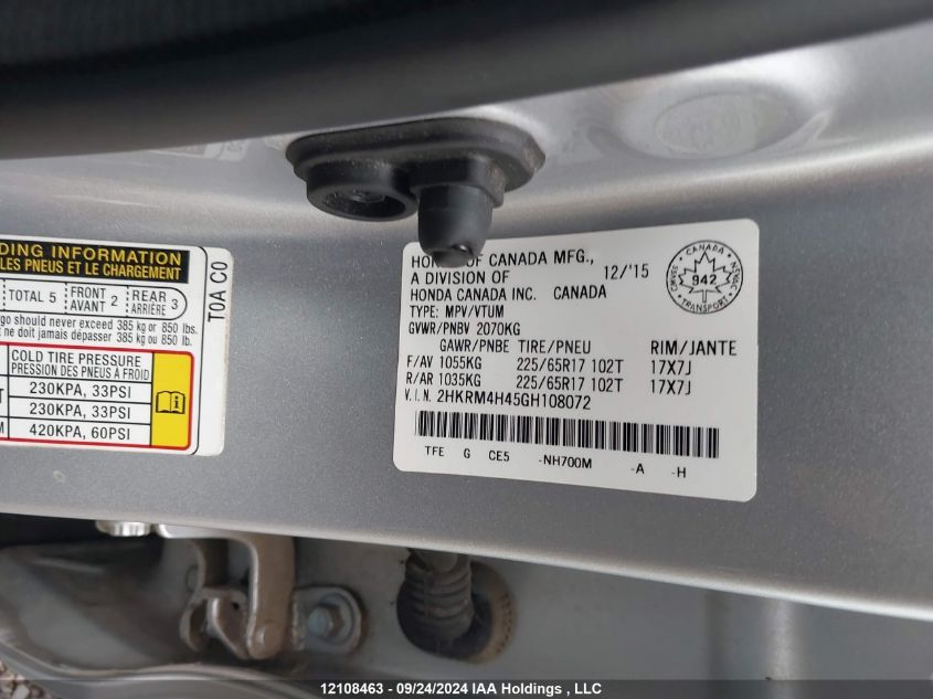 2HKRM4H45GH108072 2016 Honda Cr-V