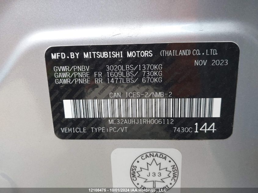 2024 Mitsubishi Mirage VIN: ML32AUHJ1RH006112 Lot: 12108475