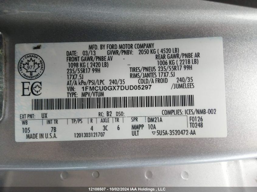 1FMCU0GX7DUD05297 2013 Ford Escape Se