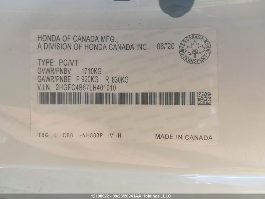2020 Honda Civic VIN: 2HGFC4B67LH401010 Lot: 12108522