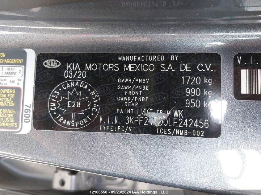 2020 Kia Forte Fe/Lxs VIN: 3KPF24AD0LE242456 Lot: 12108550