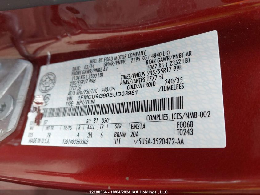 2014 Ford Escape Se VIN: 1FMCU9G90EUD03981 Lot: 12108556