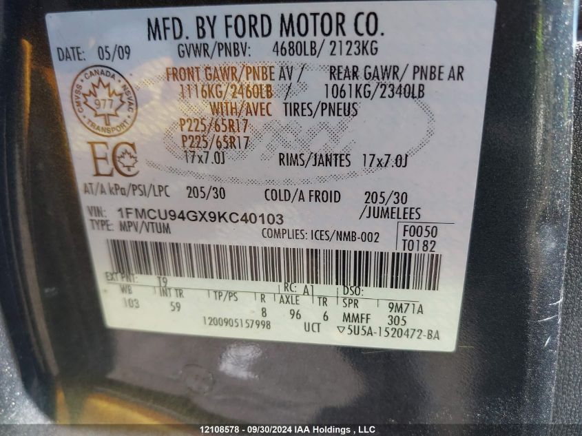 1FMCU94GX9KC40103 2009 Ford Escape Limited