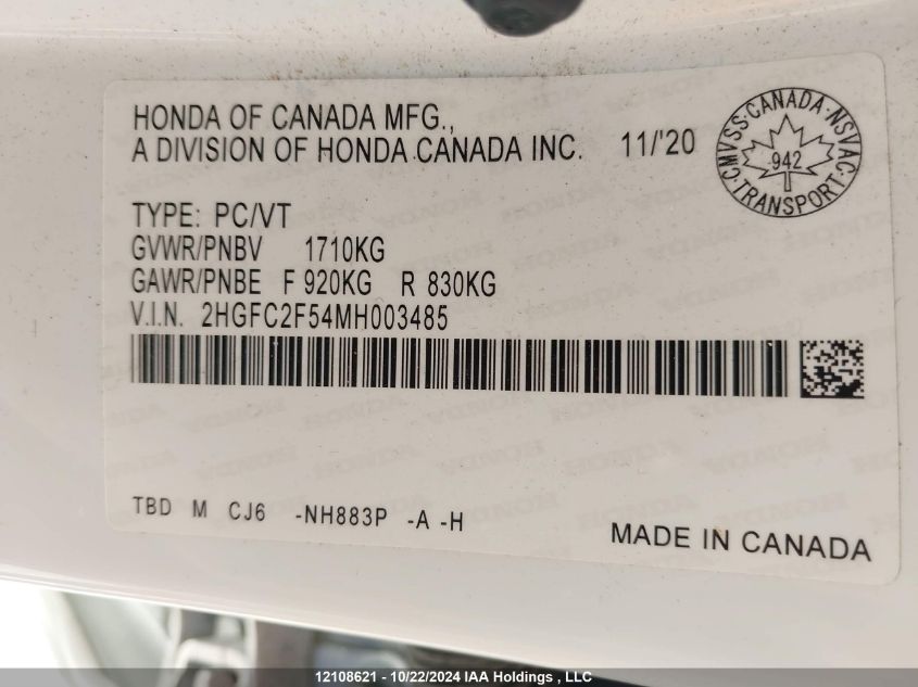 2HGFC2F54MH003485 2021 Honda Civic Sedan