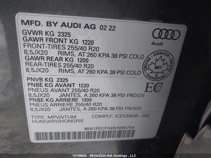 2022 Audi Q3 VIN: WA1FECF34N1095754 Lot: 12108628