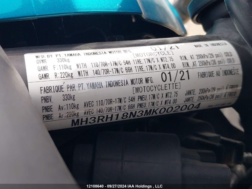 2021 Yamaha Yzfr3 A VIN: MH3RH18N3MK002004 Lot: 12108640