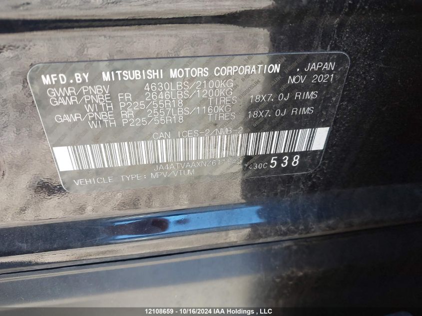 2022 Mitsubishi Eclipse VIN: JA4ATVAAXNZ611943 Lot: 12108659