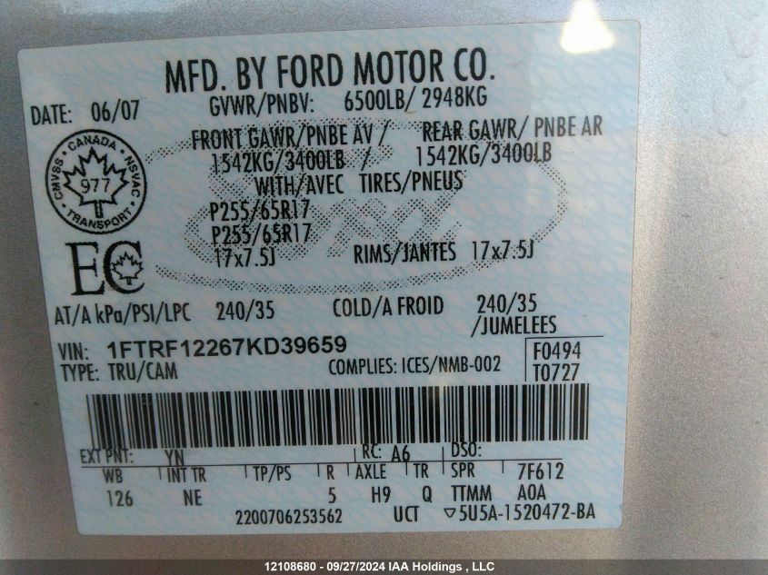 1FTRF12267KD39659 2007 Ford F150