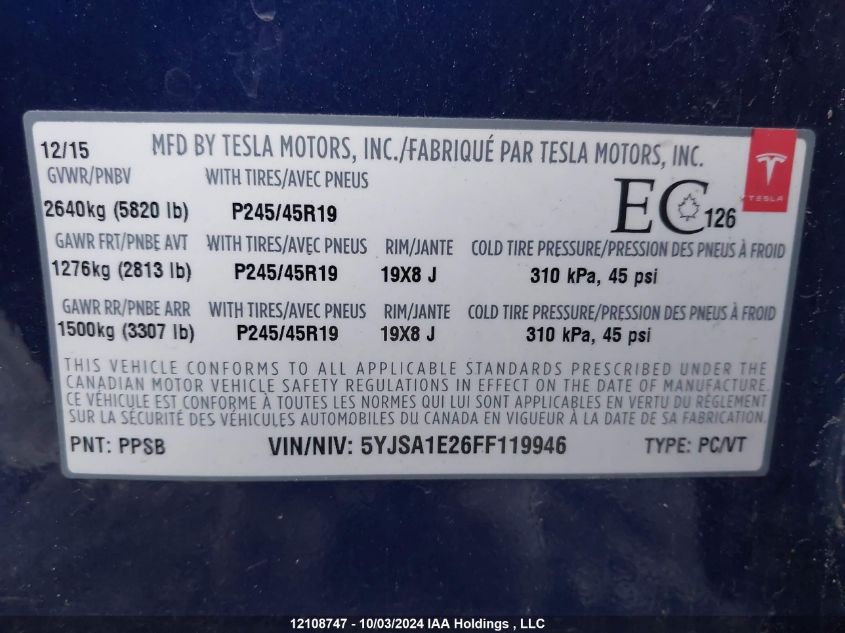 2015 Tesla Model S VIN: 5YJSA1E26FF119946 Lot: 12108747