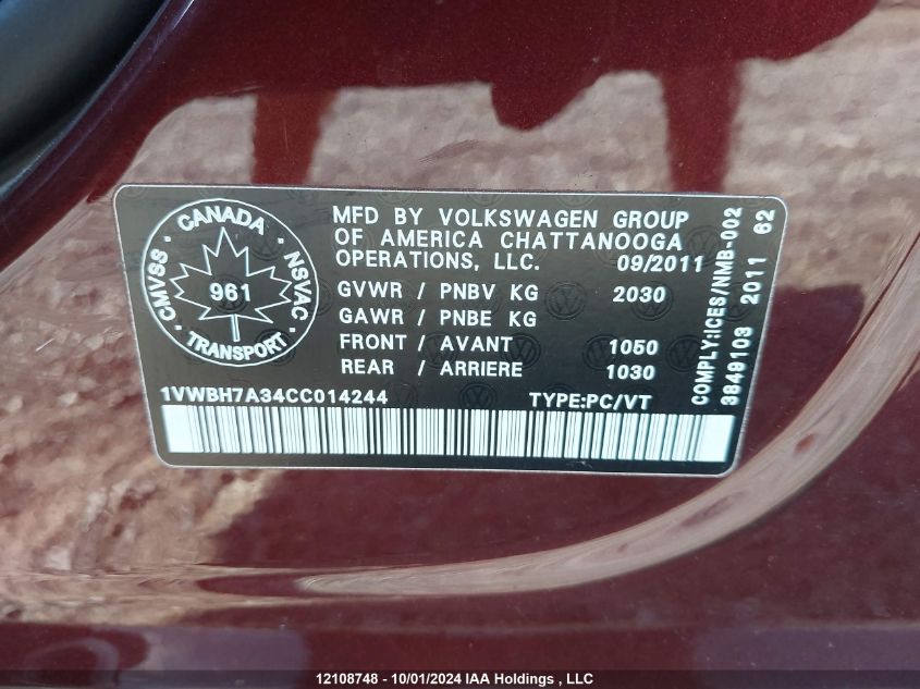 2012 Volkswagen Passat VIN: 1VWBH7A34CC014244 Lot: 12108748