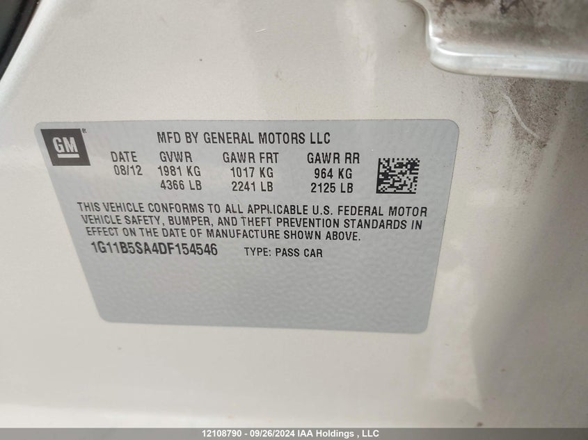 2013 Chevrolet Malibu 1Ls VIN: 1G11B5SA4DF154546 Lot: 12108790