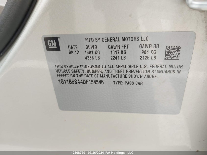 2013 Chevrolet Malibu 1Ls VIN: 1G11B5SA4DF154546 Lot: 12108790