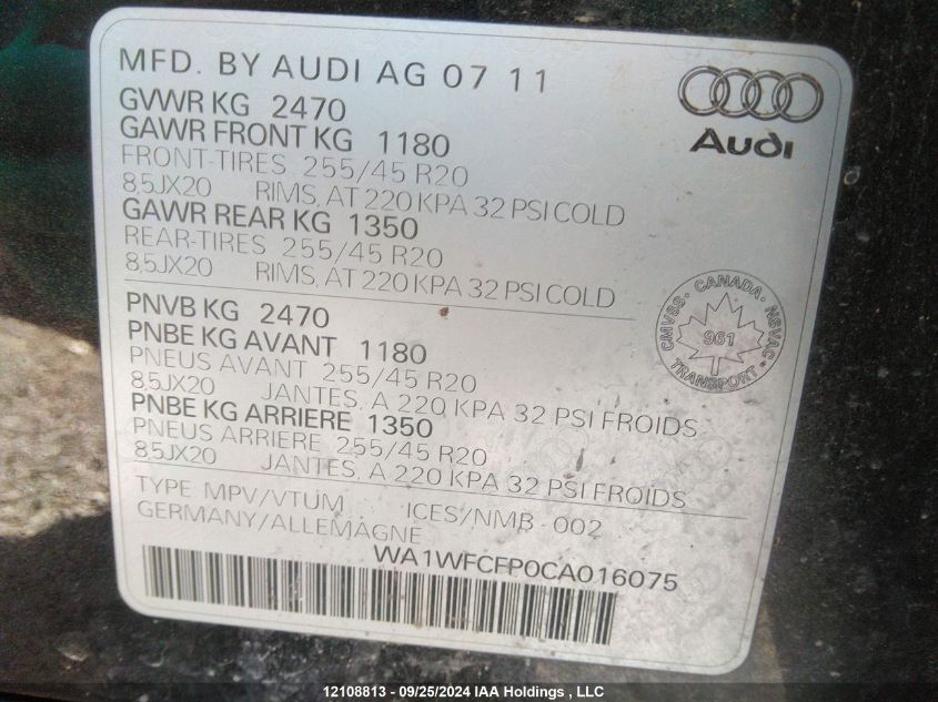 2012 Audi Q5 Prestige VIN: WA1WFCFP0CA016075 Lot: 12108813