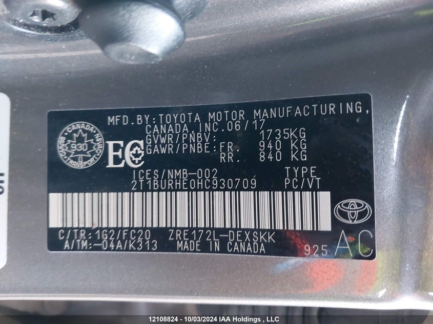 2017 Toyota Corolla L/Le/Xle/Se/Xse VIN: 2T1BURHE0HC930709 Lot: 12108824