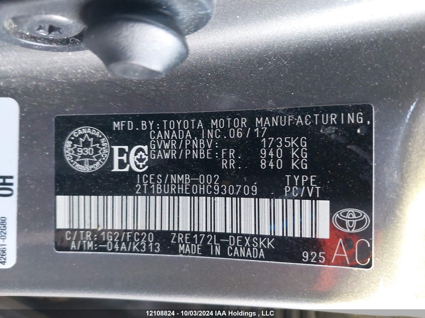 2017 Toyota Corolla L/Le/Xle/Se/Xse VIN: 2T1BURHE0HC930709 Lot: 12108824