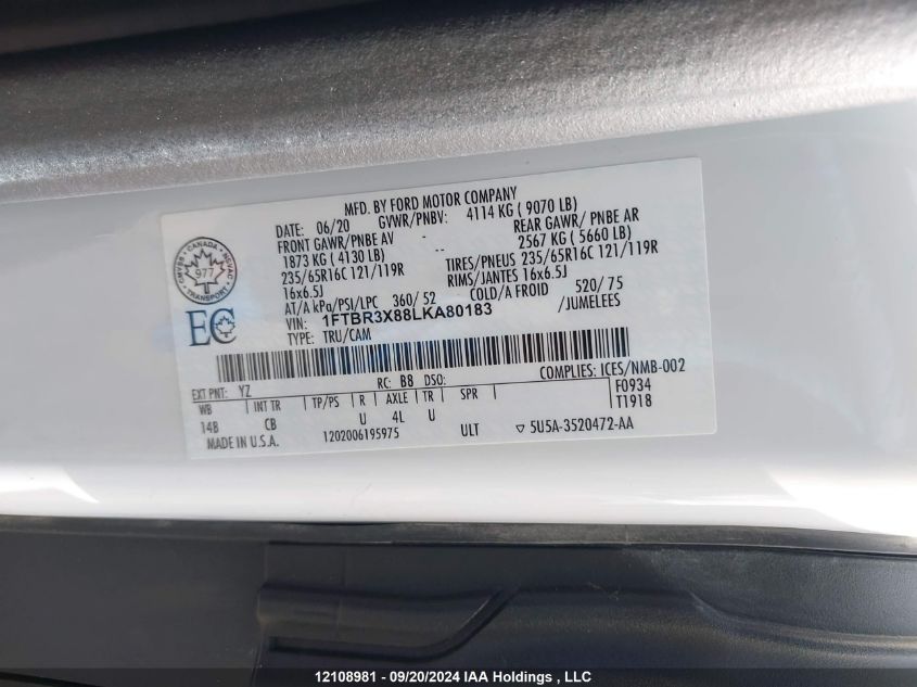 2020 Ford Transit-250 Cargo VIN: 1FTBR3X88LKA80183 Lot: 12108981