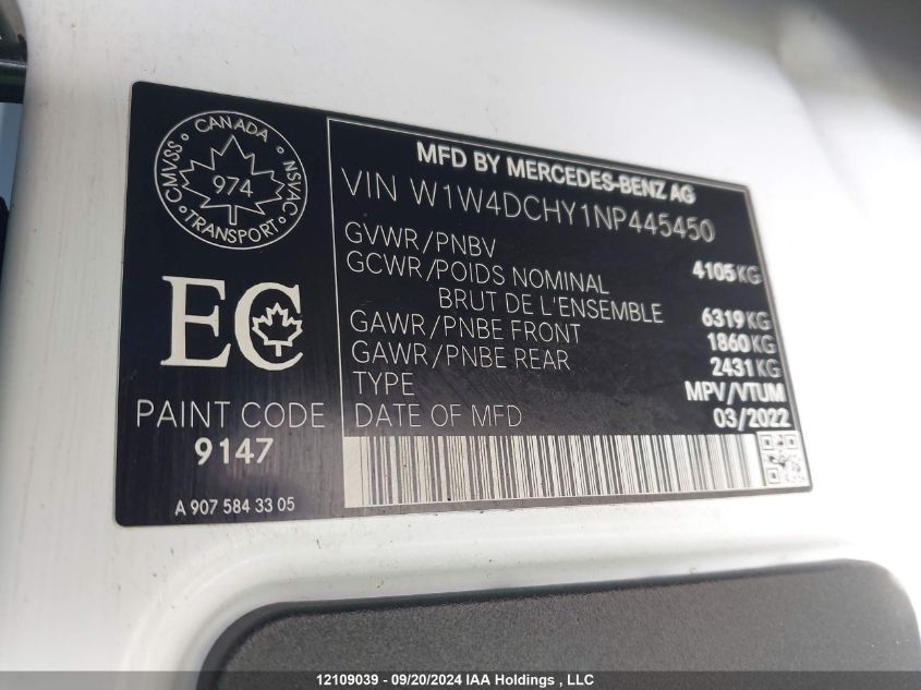 2022 Mercedes-Benz Sprinter Van VIN: W1W4DCHY1NP445450 Lot: 12109039