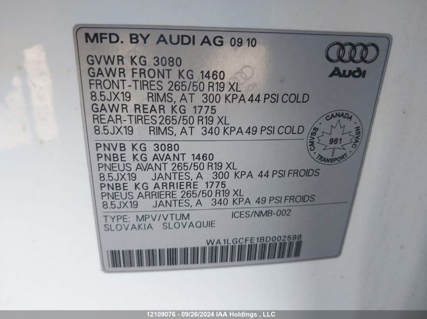 2011 Audi Q7 VIN: WA1LGCFE1BD002598 Lot: 12109076