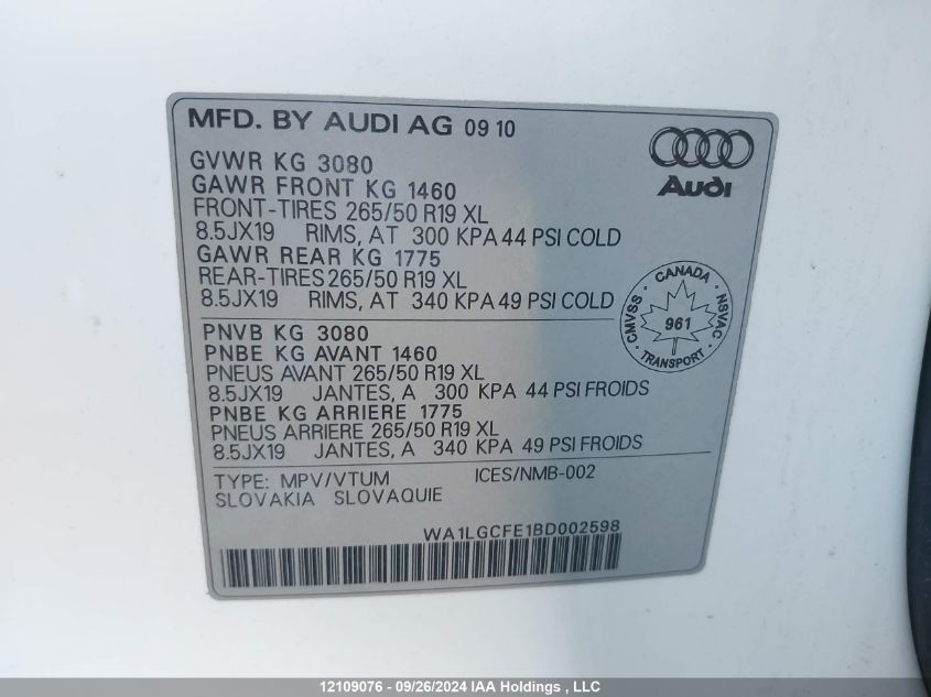 2011 Audi Q7 VIN: WA1LGCFE1BD002598 Lot: 12109076