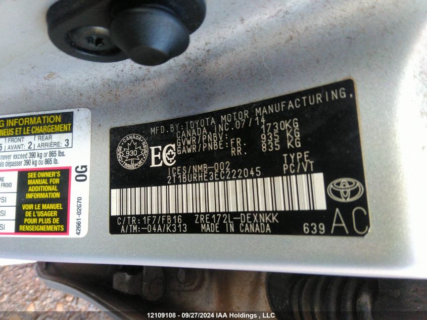 2014 Toyota Corolla L/Le/Le Pls/Prm/S/S Pls VIN: 2T1BURHE3EC222045 Lot: 12109108