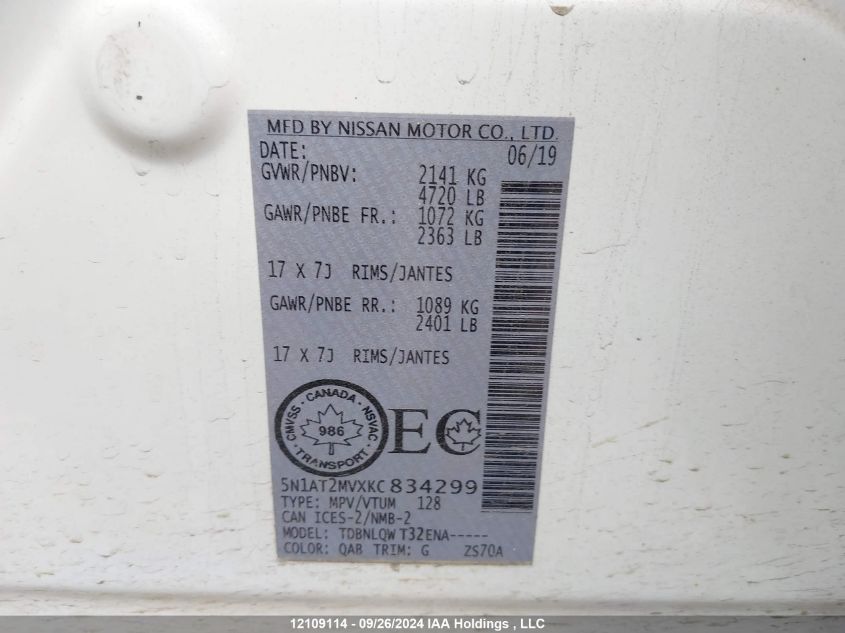 2019 Nissan Rogue VIN: 5N1AT2MVXKC834299 Lot: 12109114