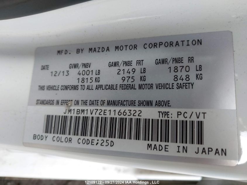 2014 Mazda 3 Touring VIN: JM1BM1V72E1166322 Lot: 12109122