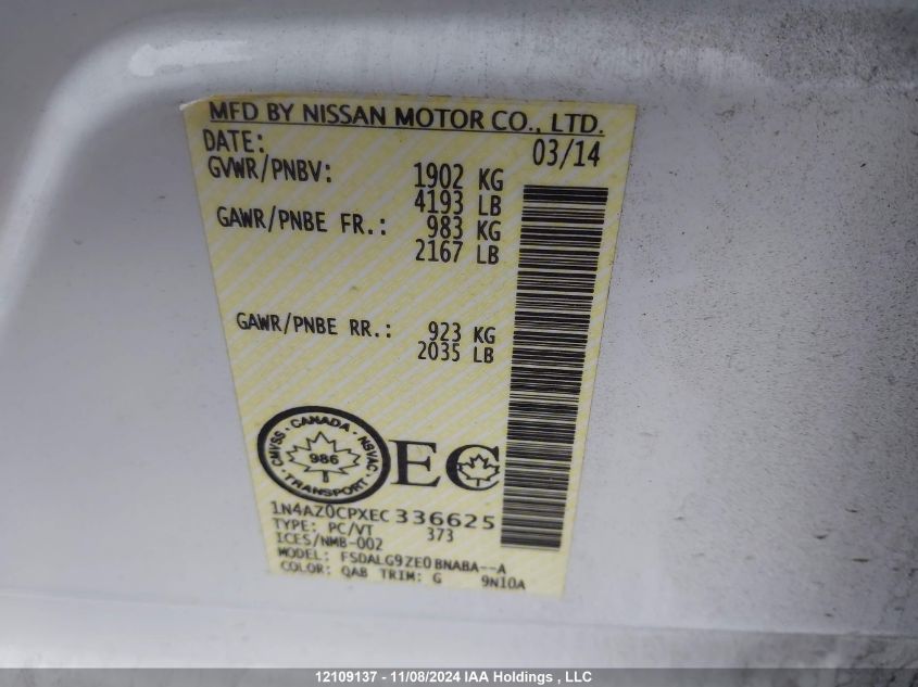 2014 Nissan Leaf S/Sv/Sl VIN: 1N4AZ0CPXEC336625 Lot: 12109137