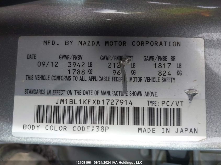 2013 Mazda 3 I VIN: JM1BL1KFXD1727914 Lot: 12109196