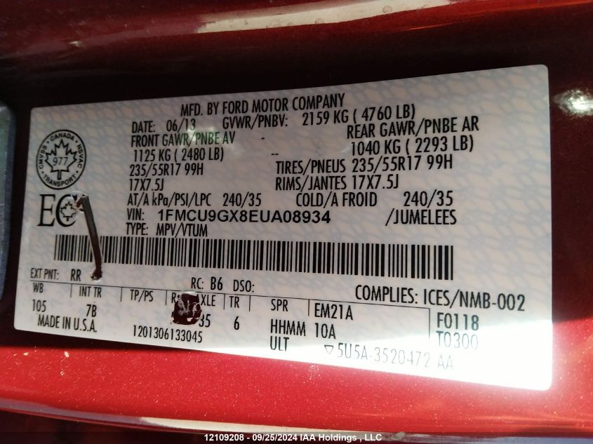 2014 Ford Escape Se VIN: 1FMCU9GX8EUA08934 Lot: 12109208