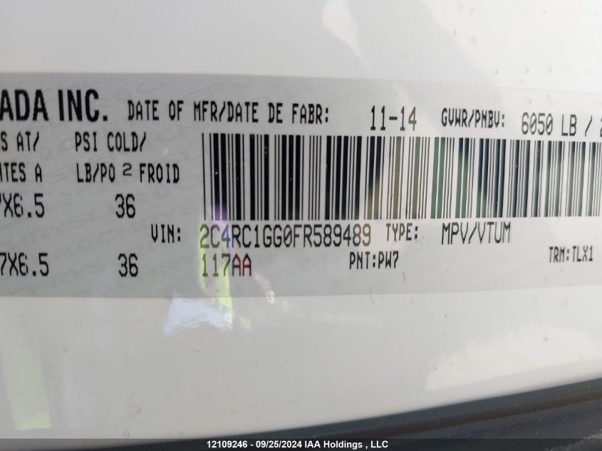 2015 Chrysler Town & Country 2015 Chrysler Town & Country Minivan VIN: 2C4RC1GG0FR589489 Lot: 14129187