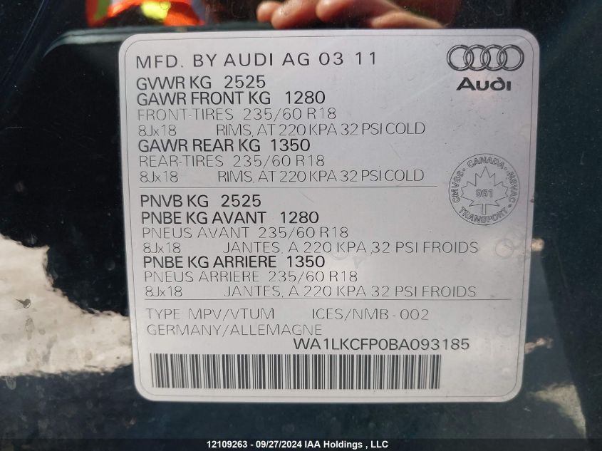 2011 Audi Q5 VIN: WA1LKCFP0BA093185 Lot: 12109263