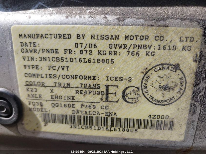 2006 Nissan Sentra VIN: 3N1CB51D16L618805 Lot: 12109354