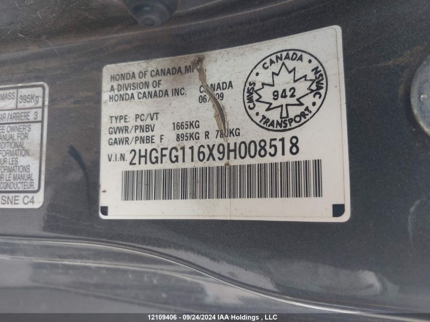 2009 Honda Civic Cpe VIN: 2HGFG116X9H008518 Lot: 12109406