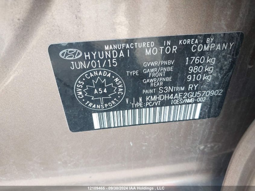 KMHDH4AE2GU570902 2016 Hyundai Elantra Sport Appearance