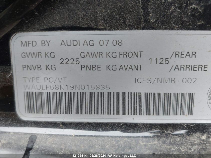 2009 Audi A4 2.0T Quattro VIN: WAULF68K19N015835 Lot: 12109514