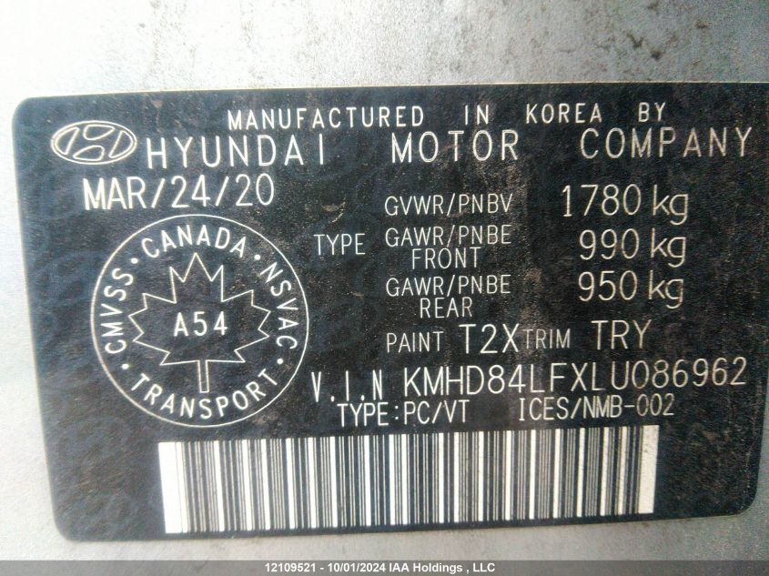 KMHD84LFXLU086962 2020 Hyundai Elantra Sel/Value/Limited