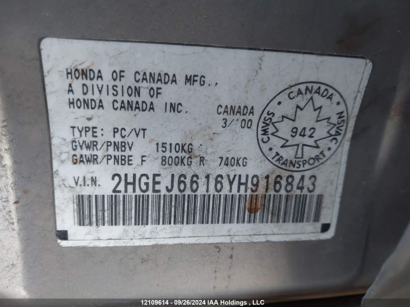 2000 Honda Civic VIN: 2HGEJ6616YH916843 Lot: 12109614