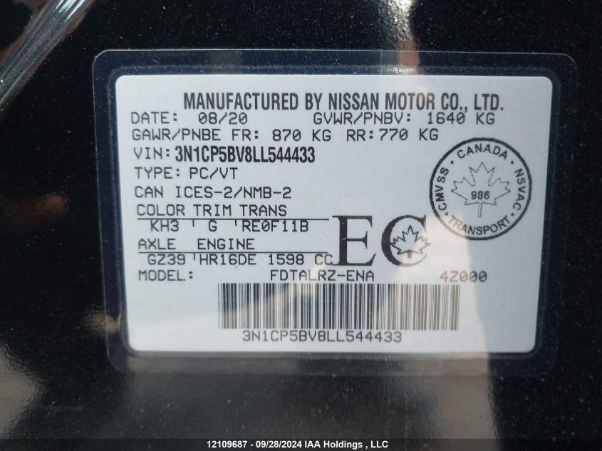 3N1CP5BV8LL544433 2020 Nissan Kicks