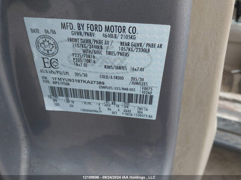 2007 Ford Escape Xlt VIN: 1FMYU93187KA27389 Lot: 12109696