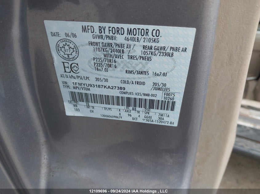 2007 Ford Escape Xlt VIN: 1FMYU93187KA27389 Lot: 12109696