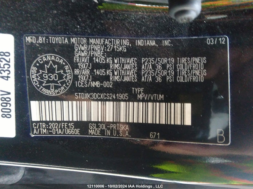 2012 Toyota Sienna Se 8 Passenger VIN: 5TDXK3DCXCS241905 Lot: 12110006