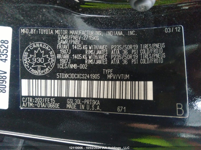 2012 Toyota Sienna Se 8 Passenger VIN: 5TDXK3DCXCS241905 Lot: 12110006