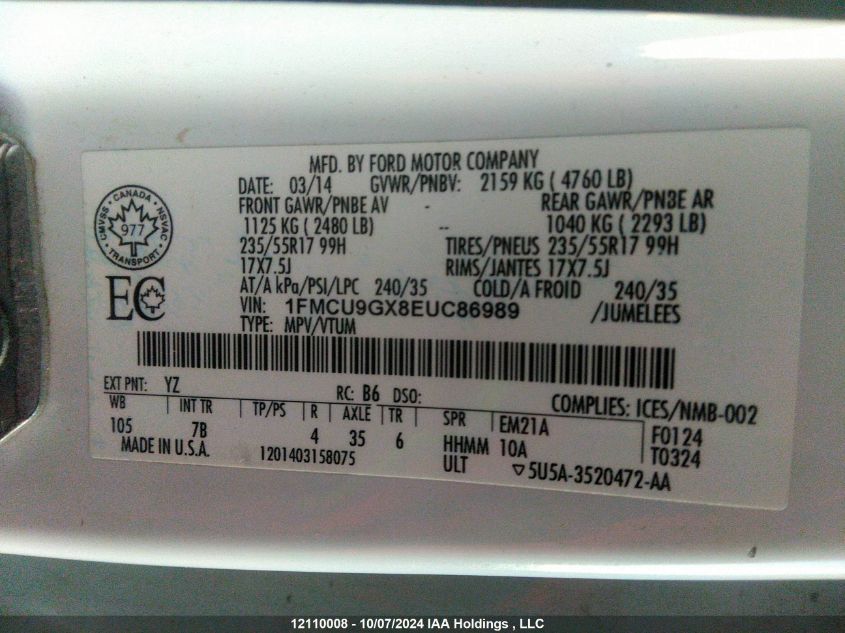 1FMCU9GX8EUC86989 2014 Ford Escape Se