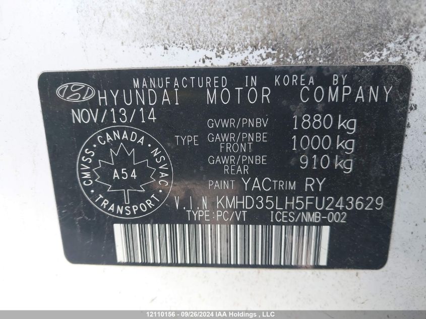 KMHD35LH5FU243629 2015 Hyundai Elantra Gt Gls