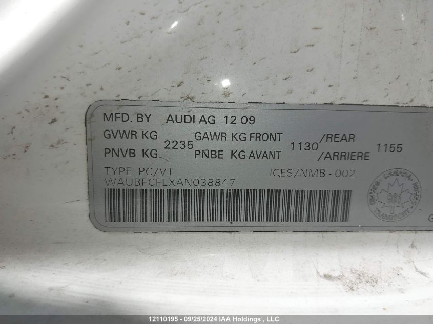 WAUBFCFLXAN038847 2010 Audi A4 Premium