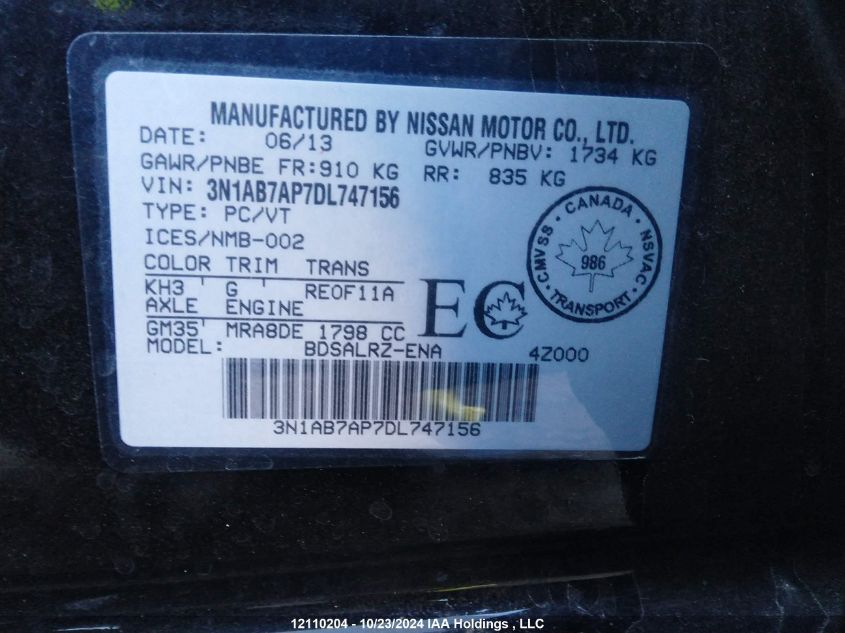 2013 Nissan Sentra VIN: 3N1AB7AP7DL747156 Lot: 12110204