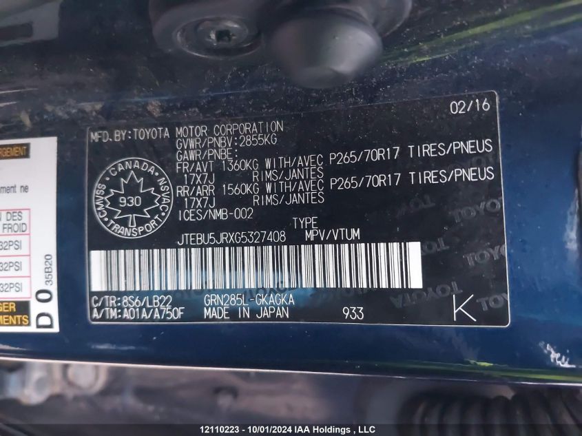 JTEBU5JRXG5327408 2016 Toyota 4Runner Sr5